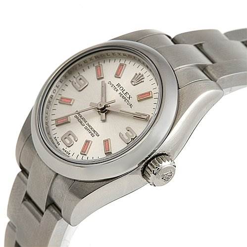 This image shows a side angle of a Rolex Oyster Perpetual 0176200SAPSO Women's Stainless Steel Silver Dial 0176200SAPSO Women's Stainless Steel Silver Dial, highlighting the case, crown, and part of the bracelet.