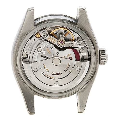 This image shows the back view of the Rolex Oyster Perpetual 0176200SAPSO Women's Stainless Steel Silver Dial 0176200SAPSO Women's Stainless Steel Silver Dial, revealing its inner movement and mechanism.