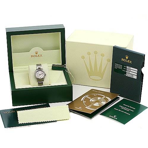 This image shows the Rolex Oyster Perpetual 0176200SAPSO Women's Stainless Steel Silver Dial 0176200SAPSO Women's Stainless Steel Silver Dial watch in its box, accompanied by a packaging box, manuals, tags, and a cleaning cloth.