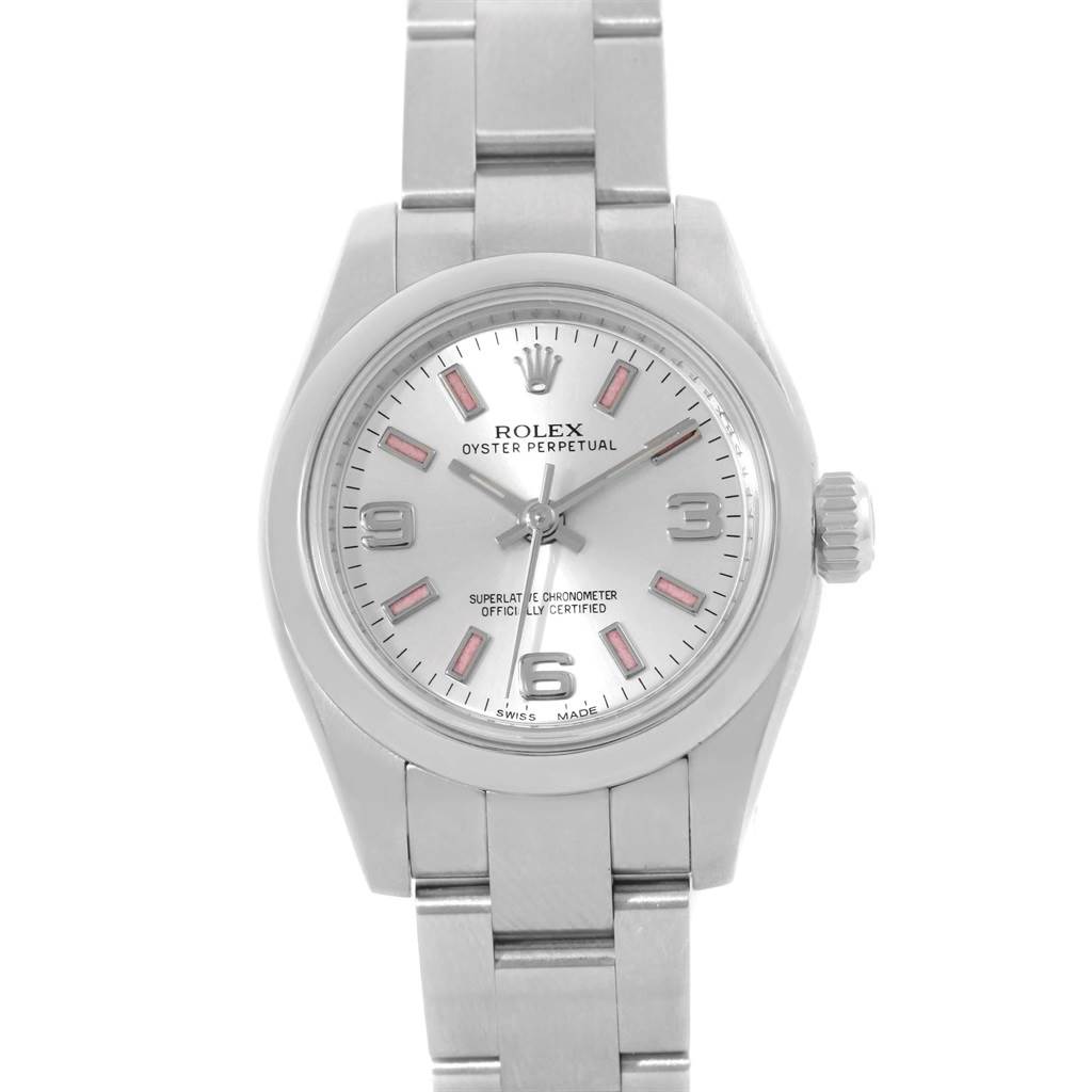 The image shows a front view of the Rolex Oyster Perpetual 176200 Women
s Stainless Steel Silver Dial 176200 Women
s Stainless Steel Silver Dial watch displaying its dial, hands, crown, and bracelet.