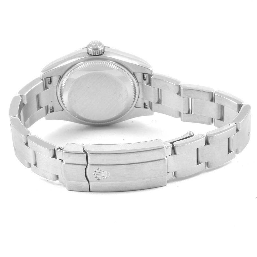 The image shows the back view of a Rolex Oyster Perpetual 176200 Women
s Stainless Steel Silver Dial 176200 Women
s Stainless Steel Silver Dial watch, including the case back, crown, and bracelet clasp with the Rolex logo.
