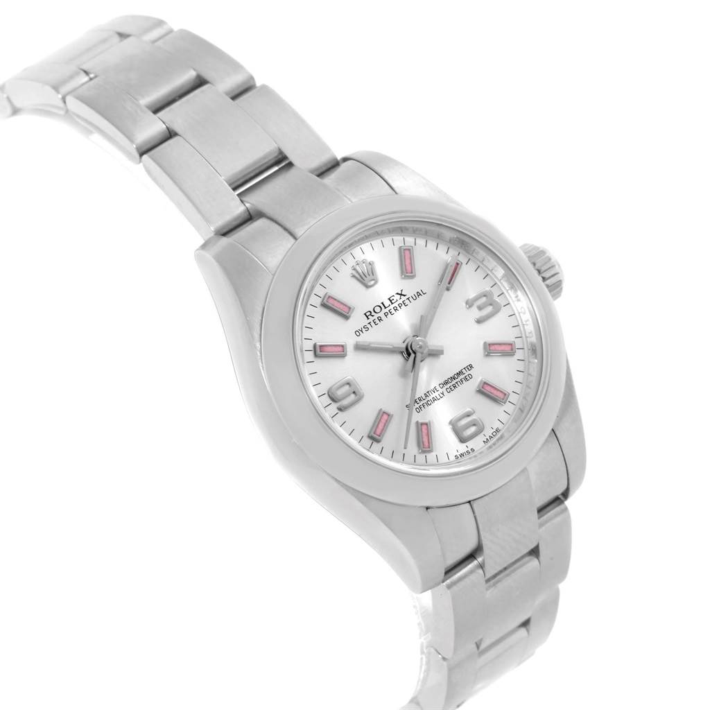 The Rolex Oyster Perpetual 176200 Women
s Stainless Steel Silver Dial 176200 Women
s Stainless Steel Silver Dial watch is shown from a front-top angle, displaying its face, bezel, and bracelet.