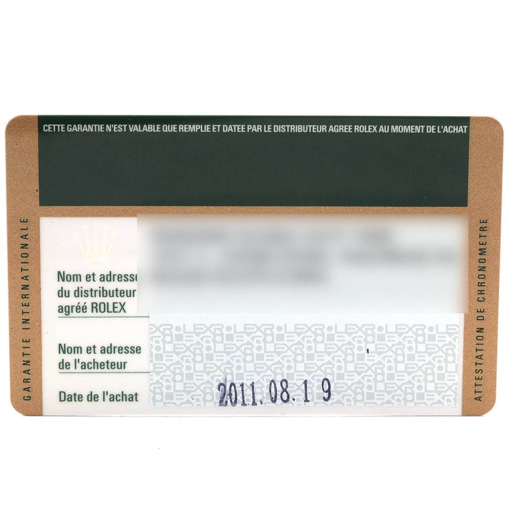 The image shows the warranty card for a Rolex Oyster Perpetual 176200 Women
s Stainless Steel Silver Dial 176200 Women
s Stainless Steel Silver Dial watch.