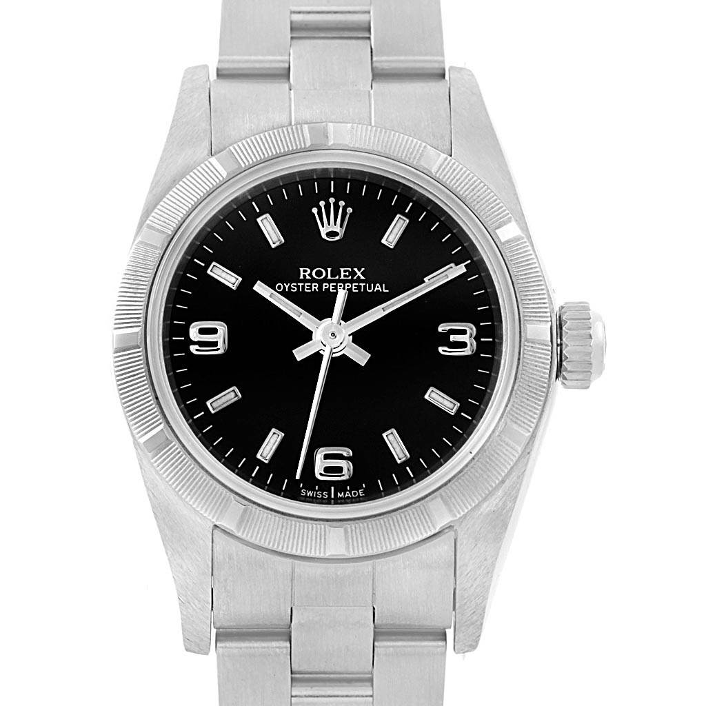 This image shows a front view of the Rolex Oyster Perpetual 76030 Women
s Stainless Steel Black Dial 76030 Women
s Stainless Steel Black Dial watch, highlighting its black dial, bezel, and bracelet.