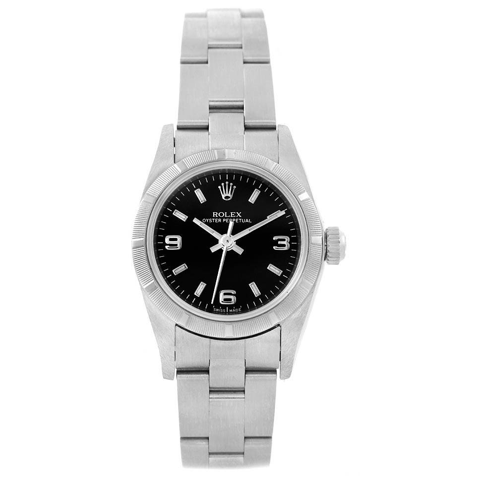 This image shows a front view of a Rolex Oyster Perpetual 76030 Women
s Stainless Steel Black Dial 76030 Women
s Stainless Steel Black Dial watch, highlighting its dial, case, and bracelet.