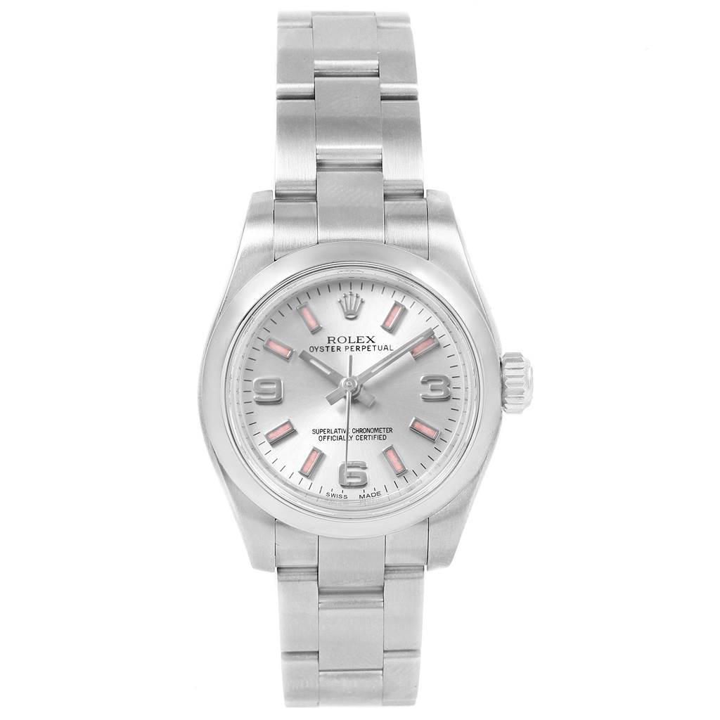 The image shows a front view of the Rolex Oyster Perpetual 176200 Women
s Stainless Steel Silver Dial 176200 Women
s Stainless Steel Silver Dial watch, displaying its face, dial, hands, and metal bracelet.