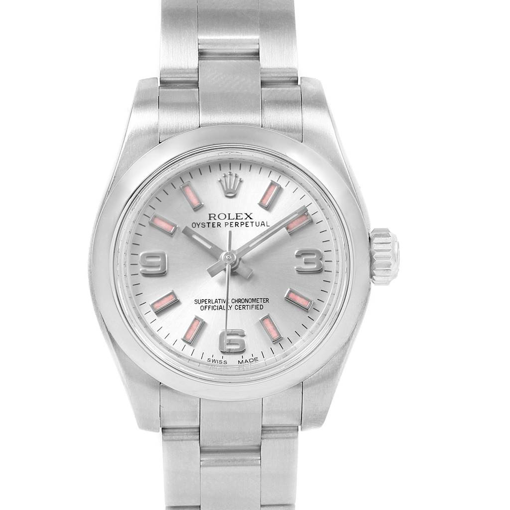 The image shows a front view of a Rolex Oyster Perpetual 176200 Women
s Stainless Steel Silver Dial 176200 Women
s Stainless Steel Silver Dial watch, displaying its dial, hands, bezel, case, and part of the bracelet.