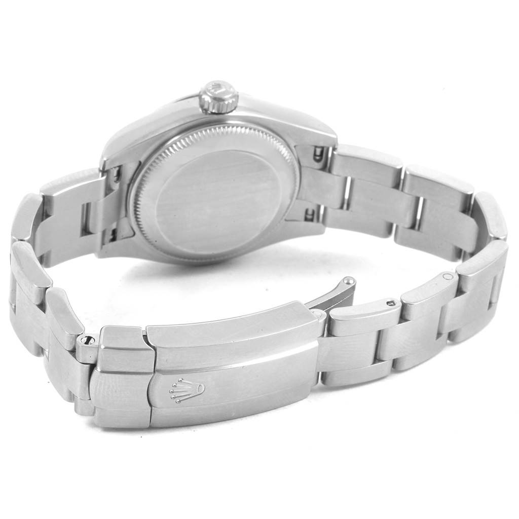 The image shows the back case and bracelet of a Rolex Oyster Perpetual 176200 Women
s Stainless Steel Silver Dial 176200 Women
s Stainless Steel Silver Dial watch, viewed from the rear.