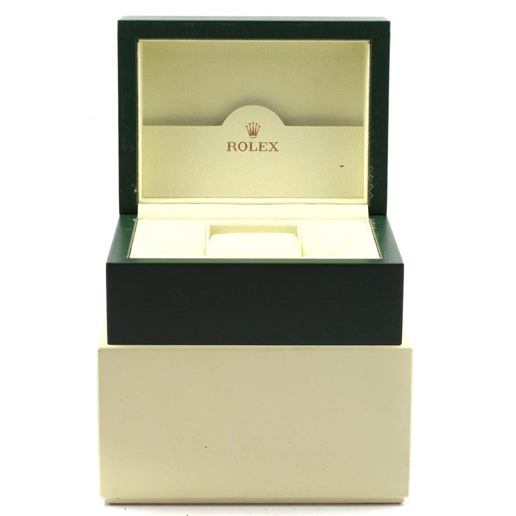 This is a front view of an open Rolex Oyster Perpetual 176200 Women
s Stainless Steel Silver Dial 176200 Women
s Stainless Steel Silver Dial watch box, showing the interior and the logo.