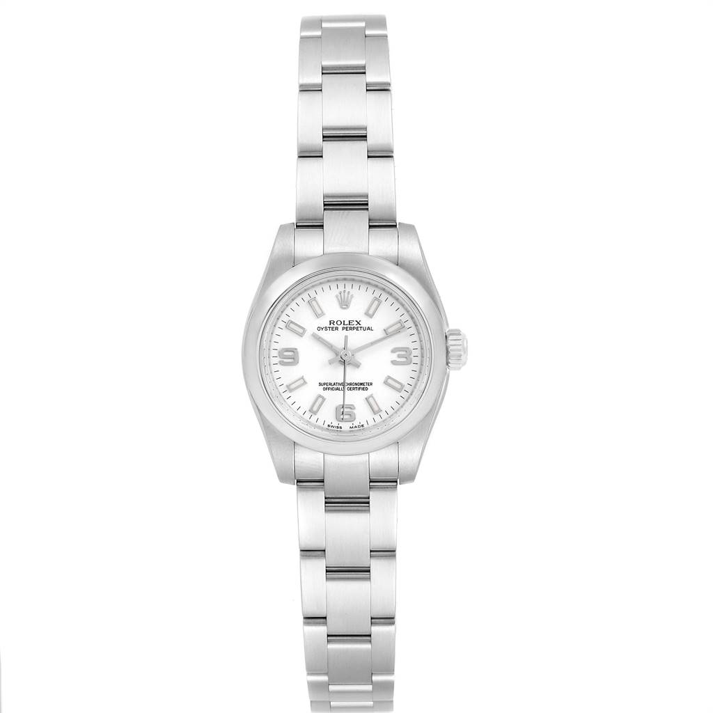 The image displays a front view of a Rolex Oyster Perpetual 176200 Women's Stainless Steel White Dial 176200 Women's Stainless Steel White Dial watch, showing the face, bracelet, and crown.