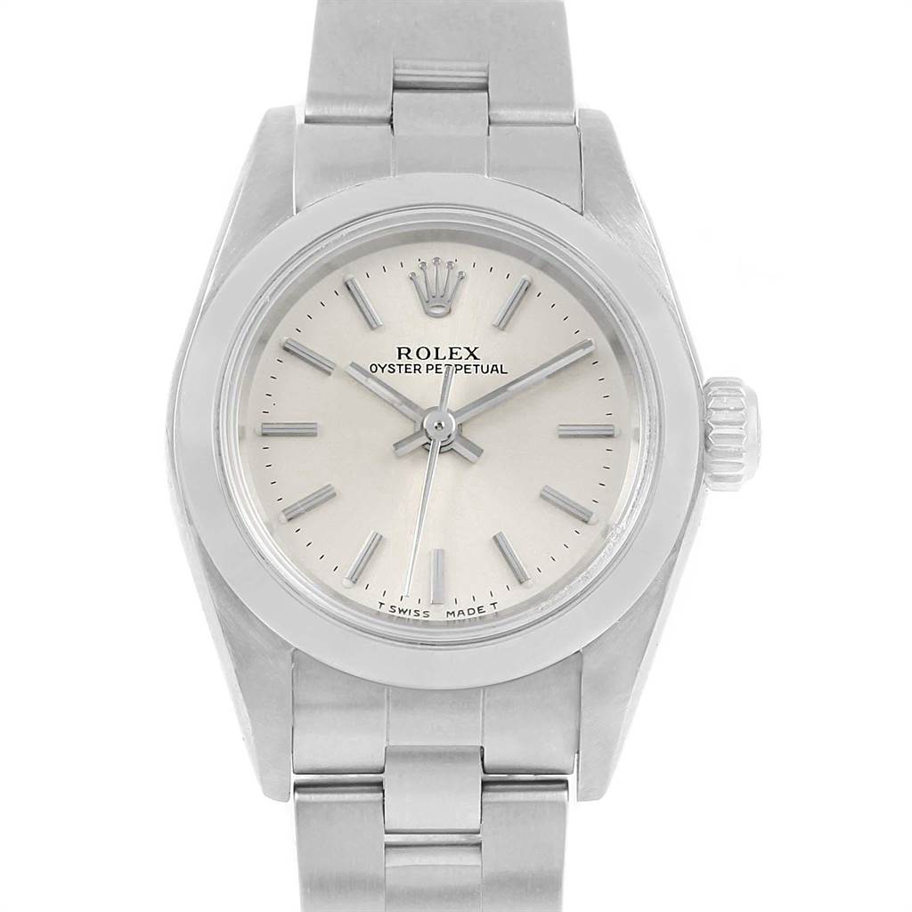 This image shows a front view of a Rolex Oyster Perpetual 67180 Women
s Stainless Steel Silver Dial 67180 Women
s Stainless Steel Silver Dial, displaying the dial, hands, case, and part of the metal bracelet.