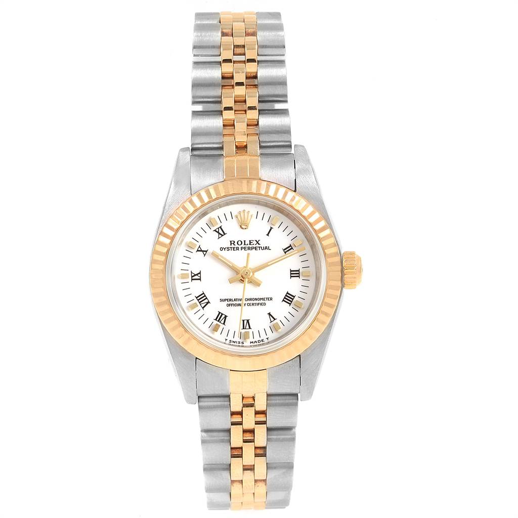 The image shows a full frontal view of a Rolex Oyster Perpetual 76193 Women's Steel and Gold (two tone) White Dial 76193 Women's Steel and Gold (two tone) White Dial watch, highlighting its face, bezel, and two-tone bracelet.