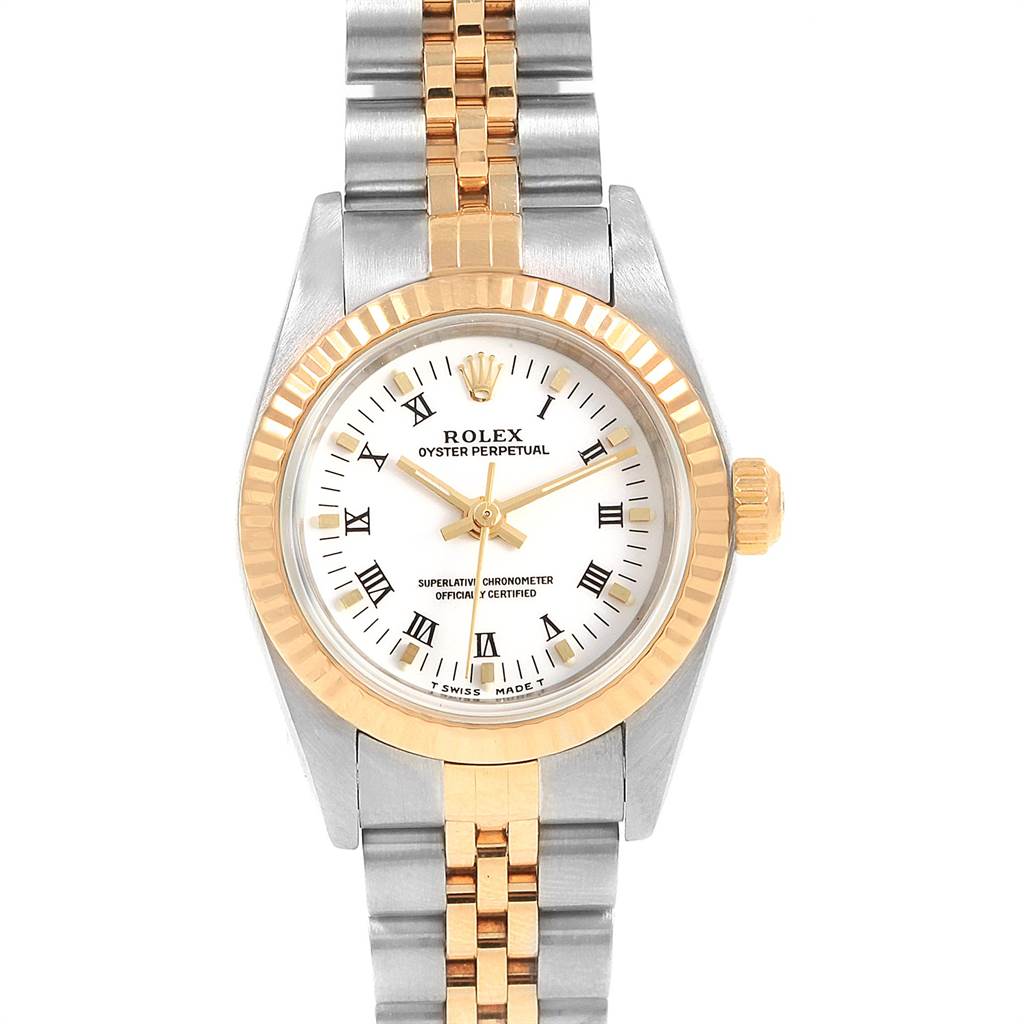 This image shows a frontal view of a Rolex Oyster Perpetual 76193 Women's Steel and Gold (two tone) White Dial 76193 Women's Steel and Gold (two tone) White Dial watch, highlighting its dial, bezel, and two-tone bracelet.