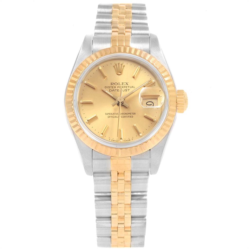 The image shows a front view of the Rolex Oyster Perpetual 69173 Women's Stainless Steel Champagne Dial 69173 Women's Stainless Steel Champagne Dial Datejust, highlighting the face, bezel, and bracelet.