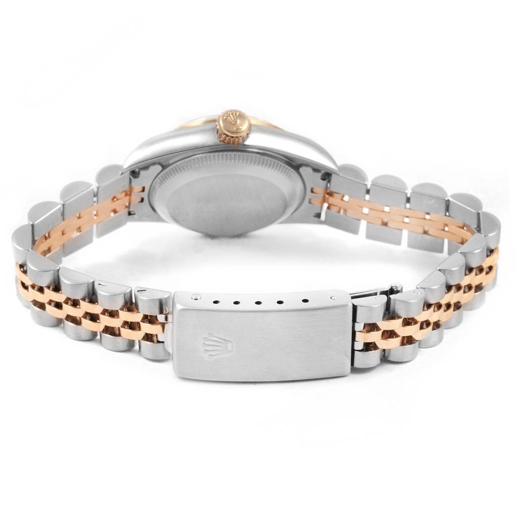 This image shows the back angle of a Rolex Oyster Perpetual 67193 Women's Steel and Gold (two tone) White Dial 67193 Women's Steel and Gold (two tone) White Dial watch, highlighting the bracelet, clasp, and case back.