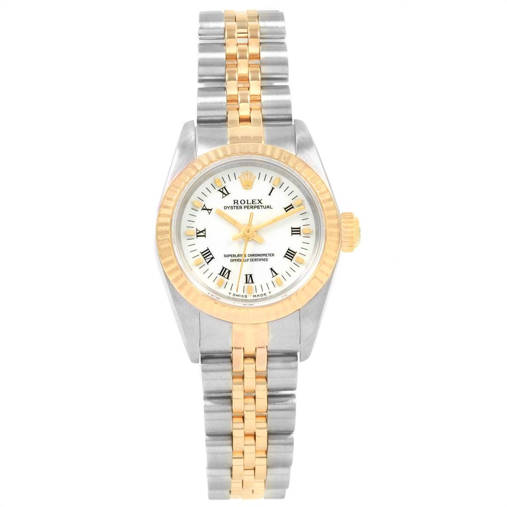 This image shows a frontal view of a Rolex Oyster Perpetual 67193 Women's Steel and Gold (two tone) White Dial 67193 Women's Steel and Gold (two tone) White Dial watch, highlighting its dial, bezel, and bracelet.