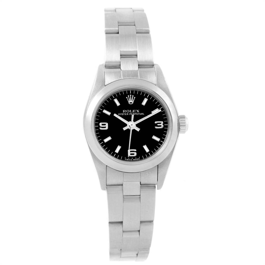 The image shows a front view of a Rolex Oyster Perpetual 76080 Women
s Stainless Steel Black Dial 76080 Women
s Stainless Steel Black Dial watch, displaying its face, bezel, and bracelet.