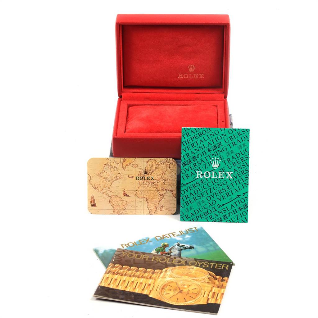 The image shows a Rolex Oyster Perpetual 76080 Women
s Stainless Steel Black Dial 76080 Women
s Stainless Steel Black Dial watch box, warranty card, and related booklets.