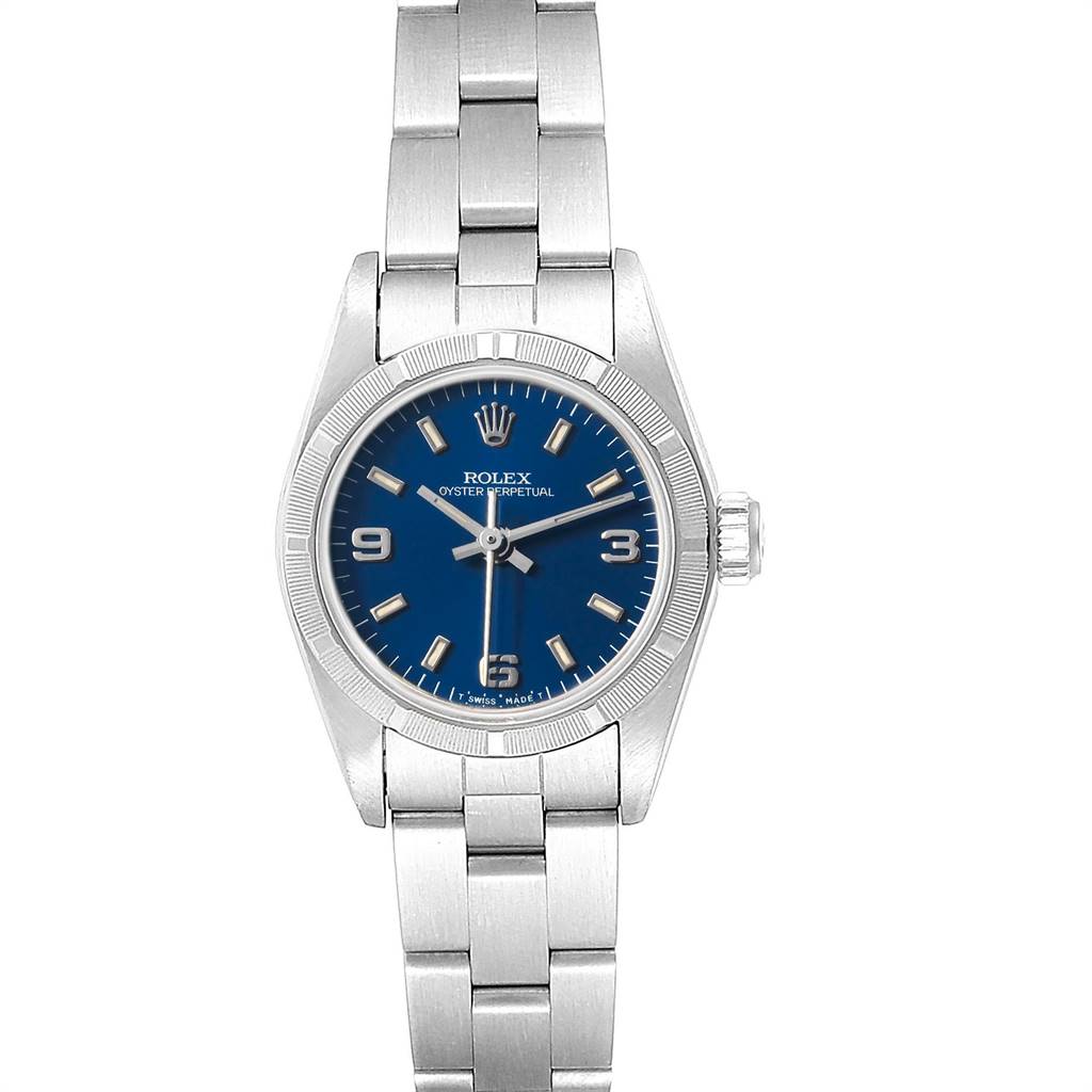 This image shows a front view of a Rolex Oyster Perpetual 67230 Women
s Stainless Steel Blue Dial 67230 Women
s Stainless Steel Blue Dial watch, displaying its blue dial, hour markers, hands, and stainless steel bracelet.