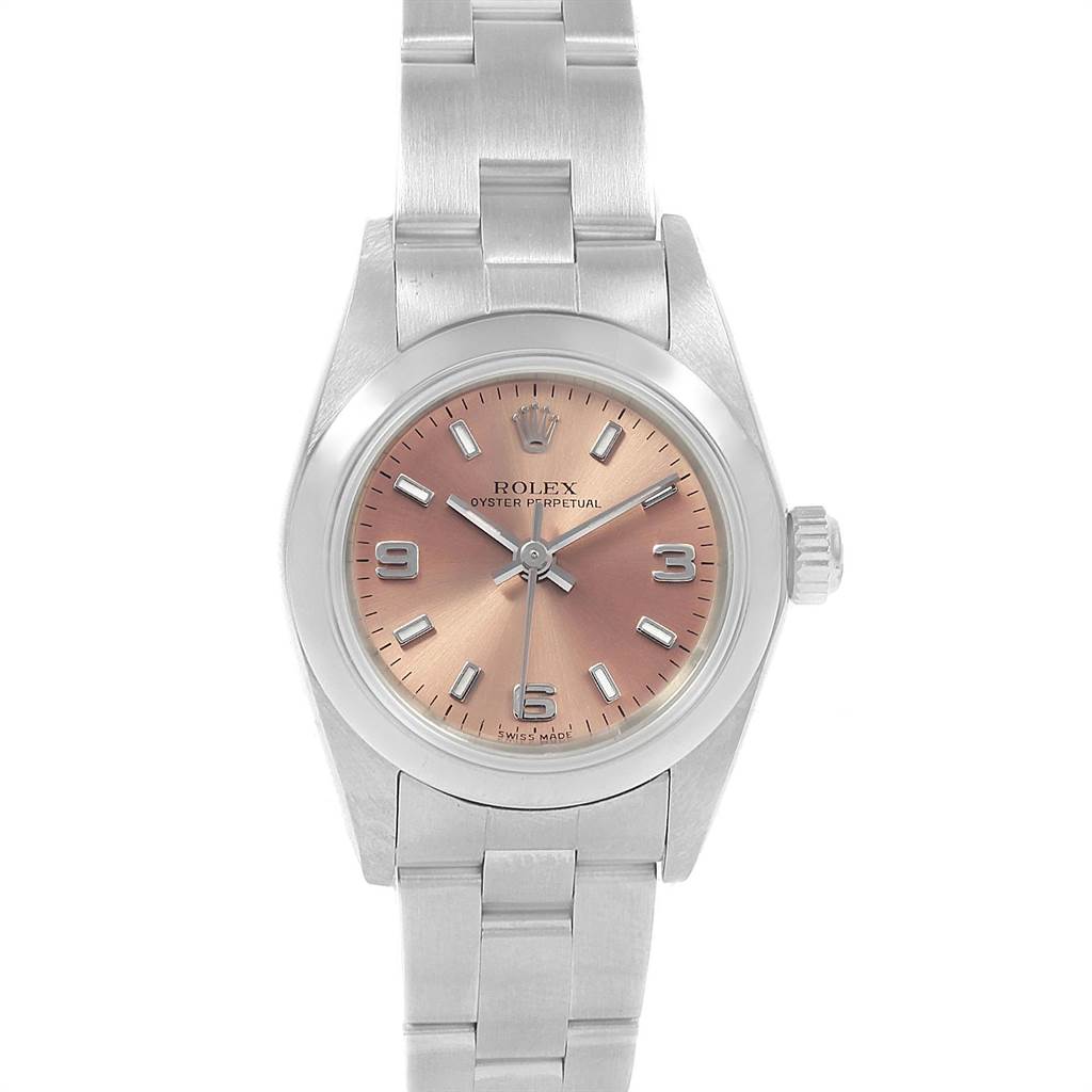 This image shows a front view of the Rolex Oyster Perpetual 76080 Women
s Stainless Steel Pink Dial 76080 Women
s Stainless Steel Pink Dial watch, highlighting the dial, bezel, crown, and stainless steel bracelet.