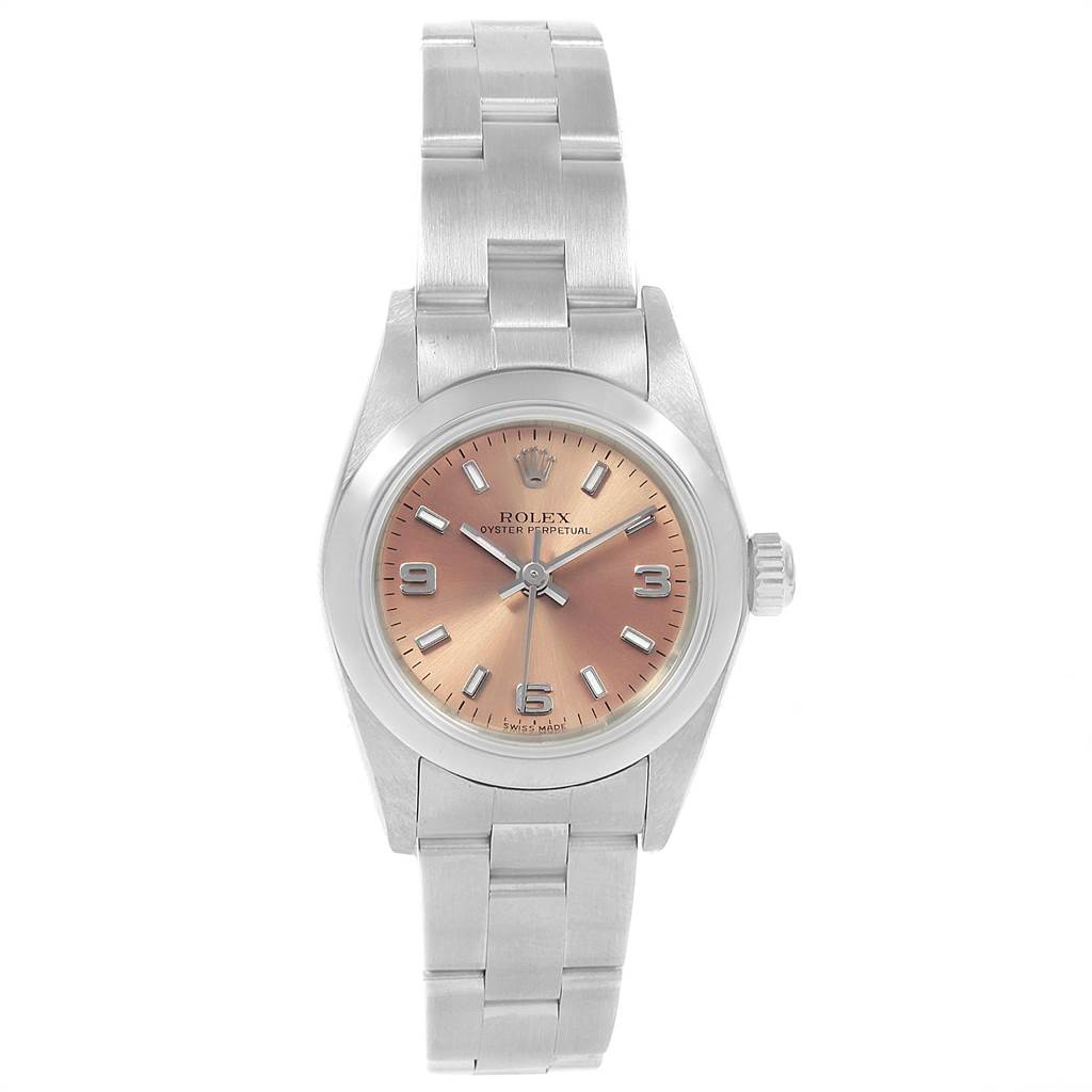 The Rolex Oyster Perpetual 76080 Women
s Stainless Steel Pink Dial 76080 Women
s Stainless Steel Pink Dial watch is shown from the front, displaying its entire face, bezel, and bracelet.