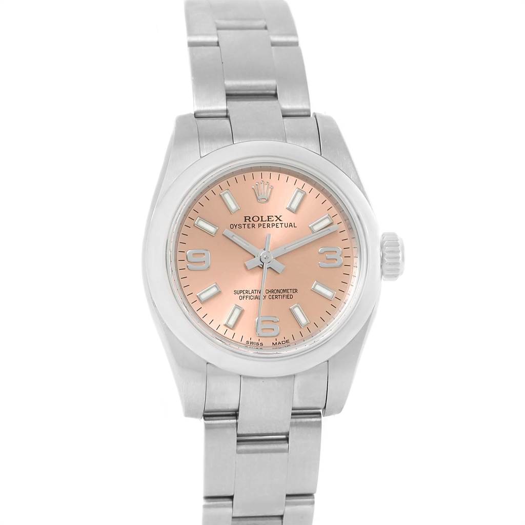 This image shows a front view of the watch face and bracelet of a Rolex Oyster Perpetual 176200 Women's Stainless Steel Pink Dial 176200 Women's Stainless Steel Pink Dial model.