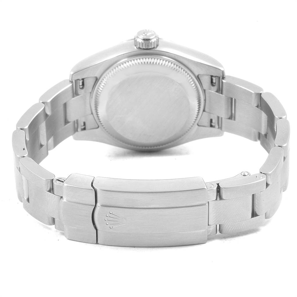 This image shows the back case and clasp of the Rolex Oyster Perpetual 176200 Women's Stainless Steel Pink Dial 176200 Women's Stainless Steel Pink Dial watch.