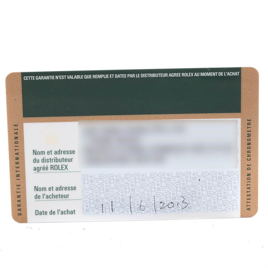 This is a close-up of the warranty card for the Rolex Oyster Perpetual 176200 Women's Stainless Steel Pink Dial 176200 Women's Stainless Steel Pink Dial model.