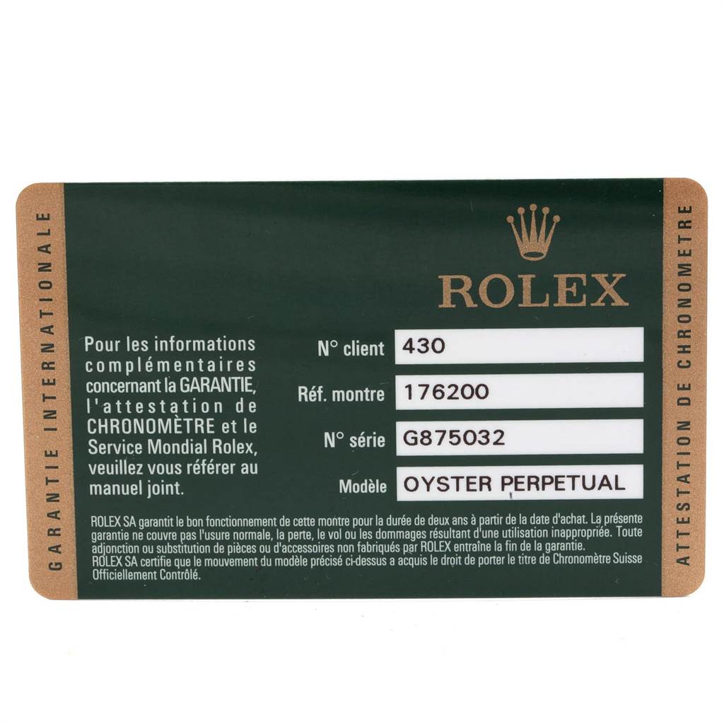 This is a close-up image of a guarantee card for a Rolex Oyster Perpetual 176200 Women's Stainless Steel Pink Dial 176200 Women's Stainless Steel Pink Dial watch, showing details like client number, reference number, and serial number.