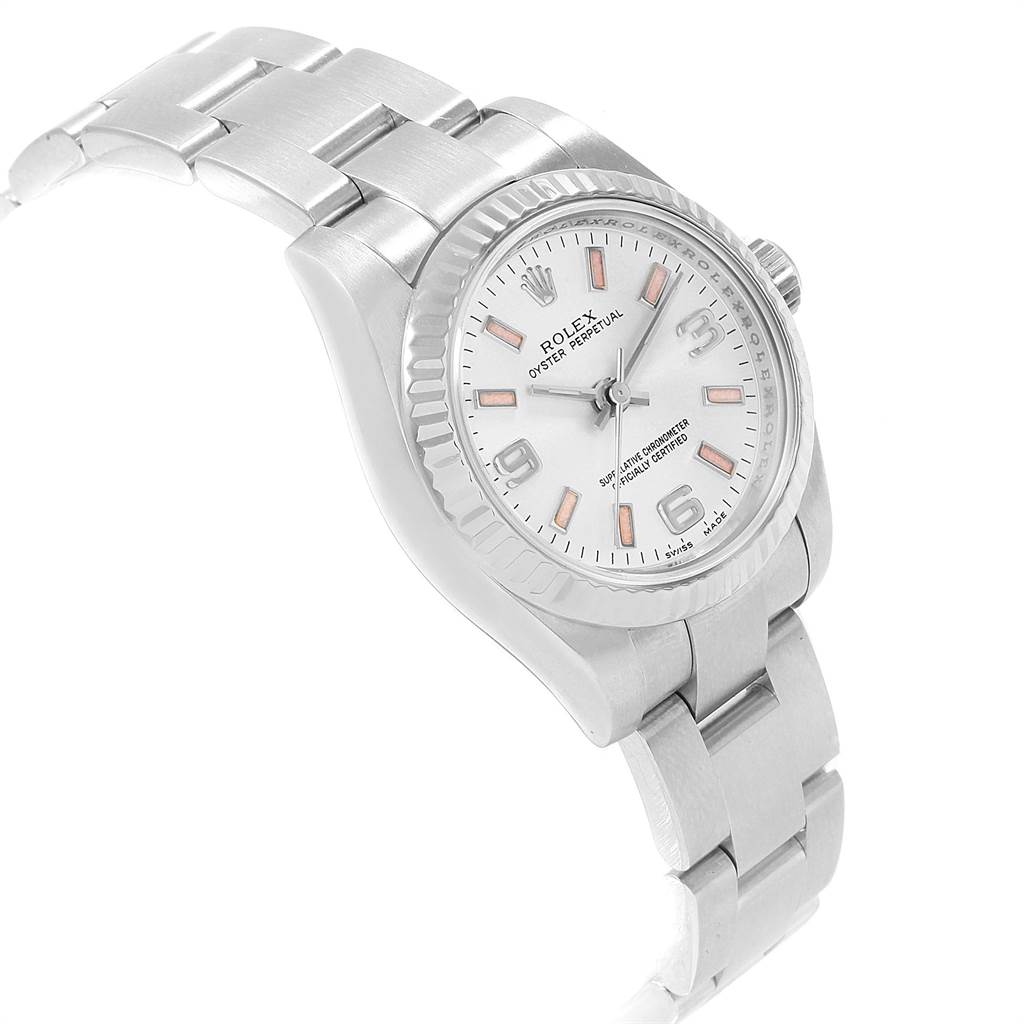 The Rolex Oyster Perpetual 176234 Women
s Stainless Steel Silver Dial 176234 Women
s Stainless Steel Silver Dial watch is shown from an angled view, displaying its face, bezel, crown, and part of the bracelet.