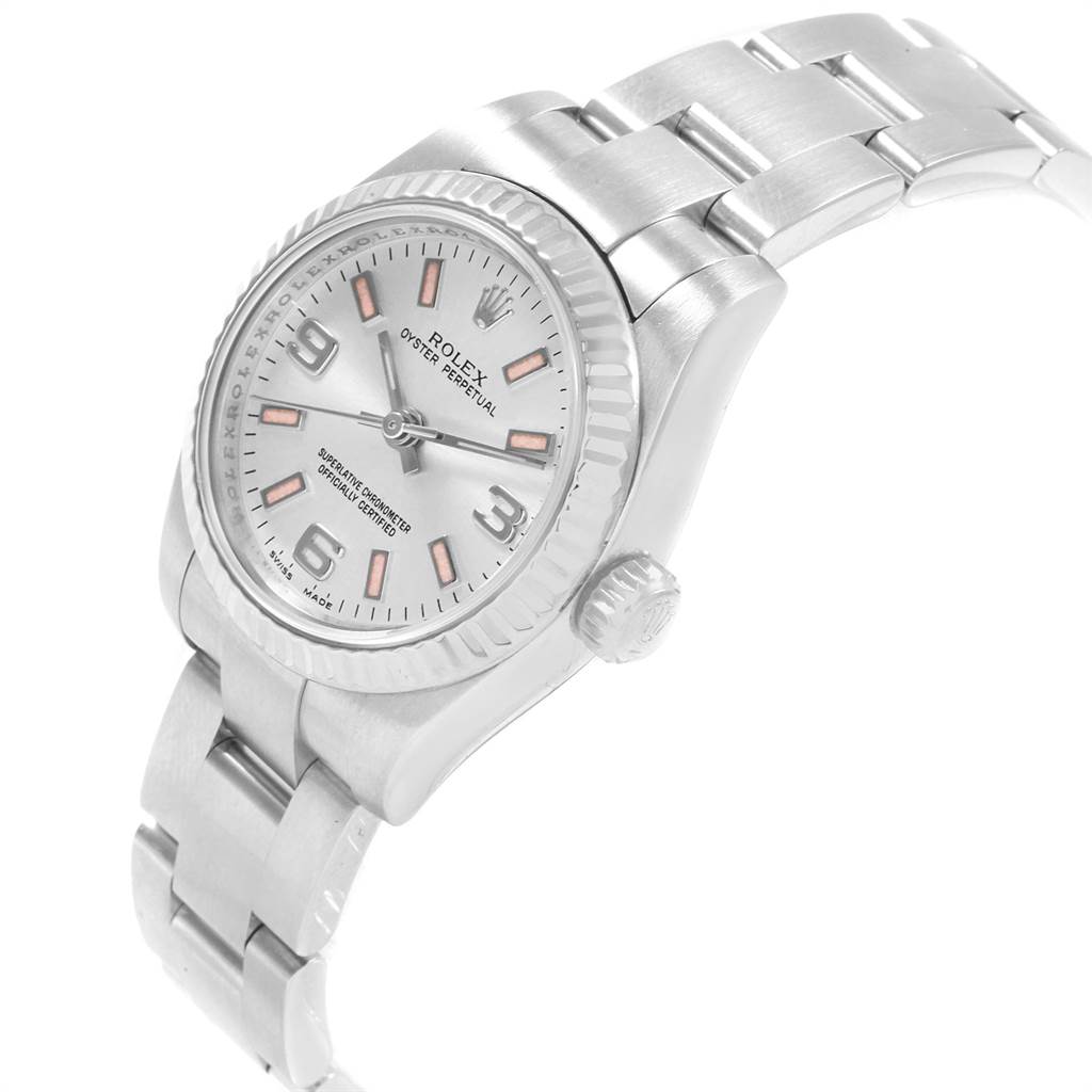 The Rolex Oyster Perpetual 176234 Women
s Stainless Steel Silver Dial 176234 Women
s Stainless Steel Silver Dial watch is shown at an angled close-up, displaying the face, bezel, crown, and part of the bracelet.