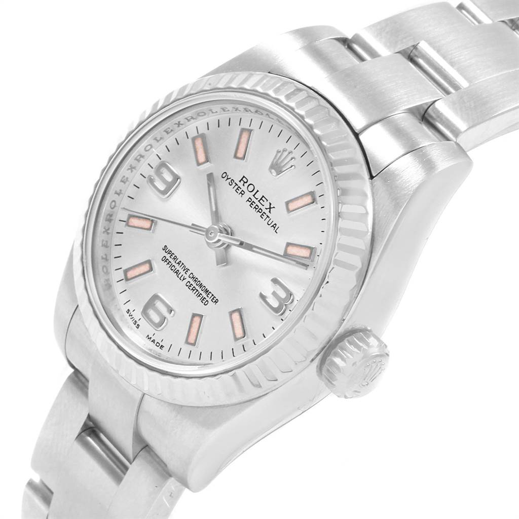 The image shows a side and partial face view of a Rolex Oyster Perpetual 176234 Women
s Stainless Steel Silver Dial 176234 Women
s Stainless Steel Silver Dial watch highlighting the dial, case, and bracelet.