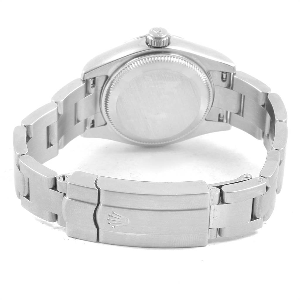 The image shows the back case, crown, and bracelet clasp of a Rolex Oyster Perpetual 176234 Women
s Stainless Steel Silver Dial 176234 Women
s Stainless Steel Silver Dial watch.