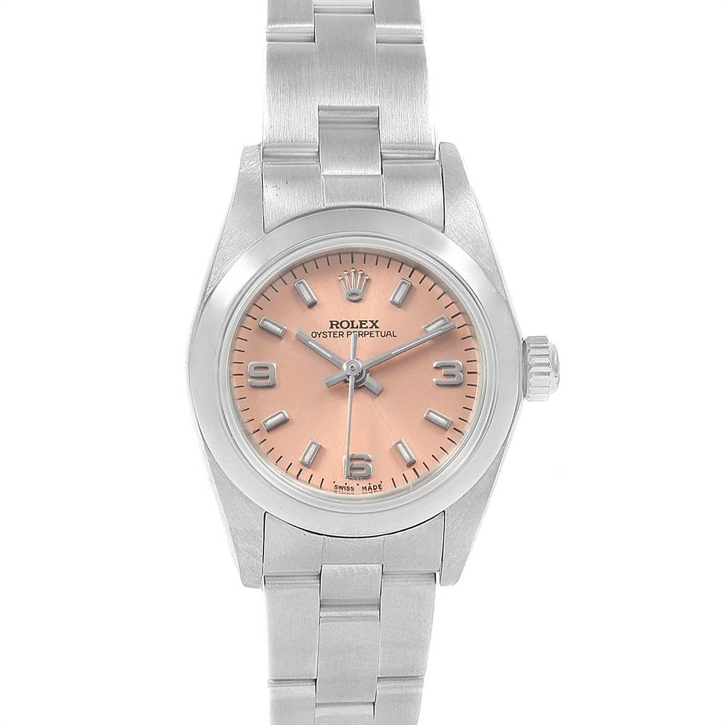 This image shows a front angle view of a Rolex Oyster Perpetual 76080 Women
s Stainless Steel Pink Dial 76080 Women
s Stainless Steel Pink Dial watch, highlighting its dial, bezel, and bracelet.