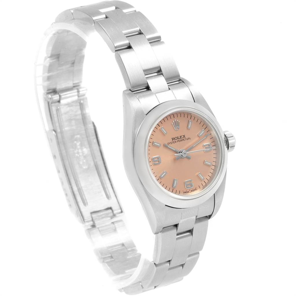 The image shows a Rolex Oyster Perpetual 76080 Women
s Stainless Steel Pink Dial 76080 Women
s Stainless Steel Pink Dial watch angled to display the dial, bracelet, and partially open clasp.