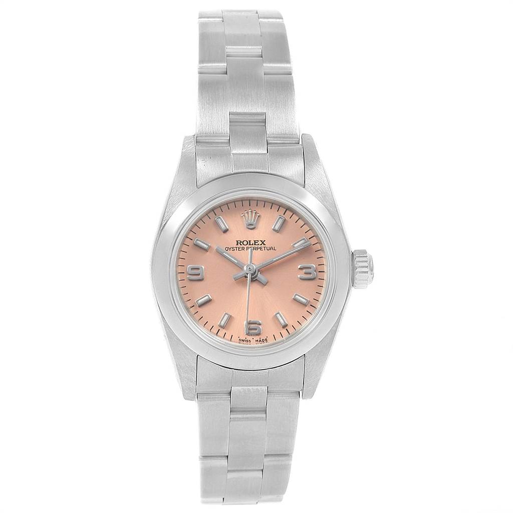 The image shows a front view of a Rolex Oyster Perpetual 76080 Women
s Stainless Steel Pink Dial 76080 Women
s Stainless Steel Pink Dial watch, highlighting its face, bezel, and bracelet.
