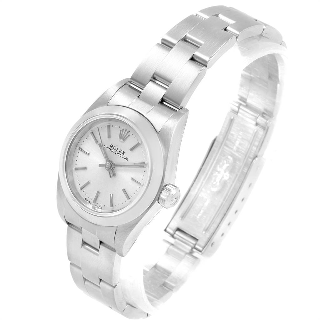 This image shows the front and side view of the Rolex Oyster Perpetual 76080 Women's Stainless Steel Silver Dial 76080 Women's Stainless Steel Silver Dial watch, including the dial, bezel, crown, and bracelet.