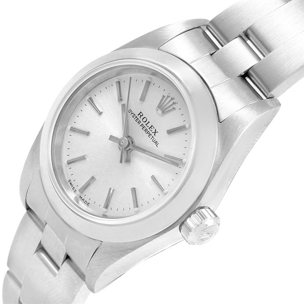 This image shows a Rolex Oyster Perpetual 76080 Women's Stainless Steel Silver Dial 76080 Women's Stainless Steel Silver Dial watch from an angled top-down view, highlighting the dial and bracelet.
