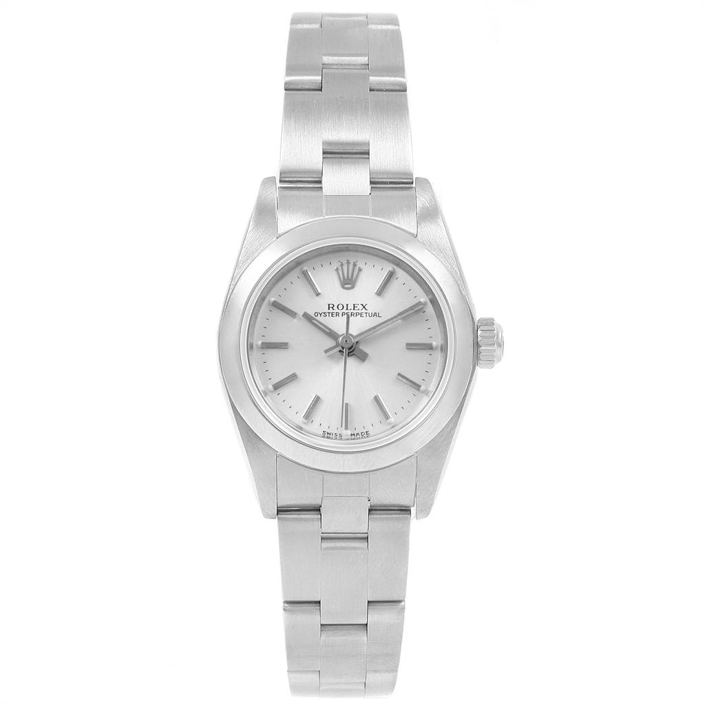 This image shows a front view of a Rolex Oyster Perpetual 76080 Women's Stainless Steel Silver Dial 76080 Women's Stainless Steel Silver Dial watch featuring the dial, case, bezel, and bracelet.