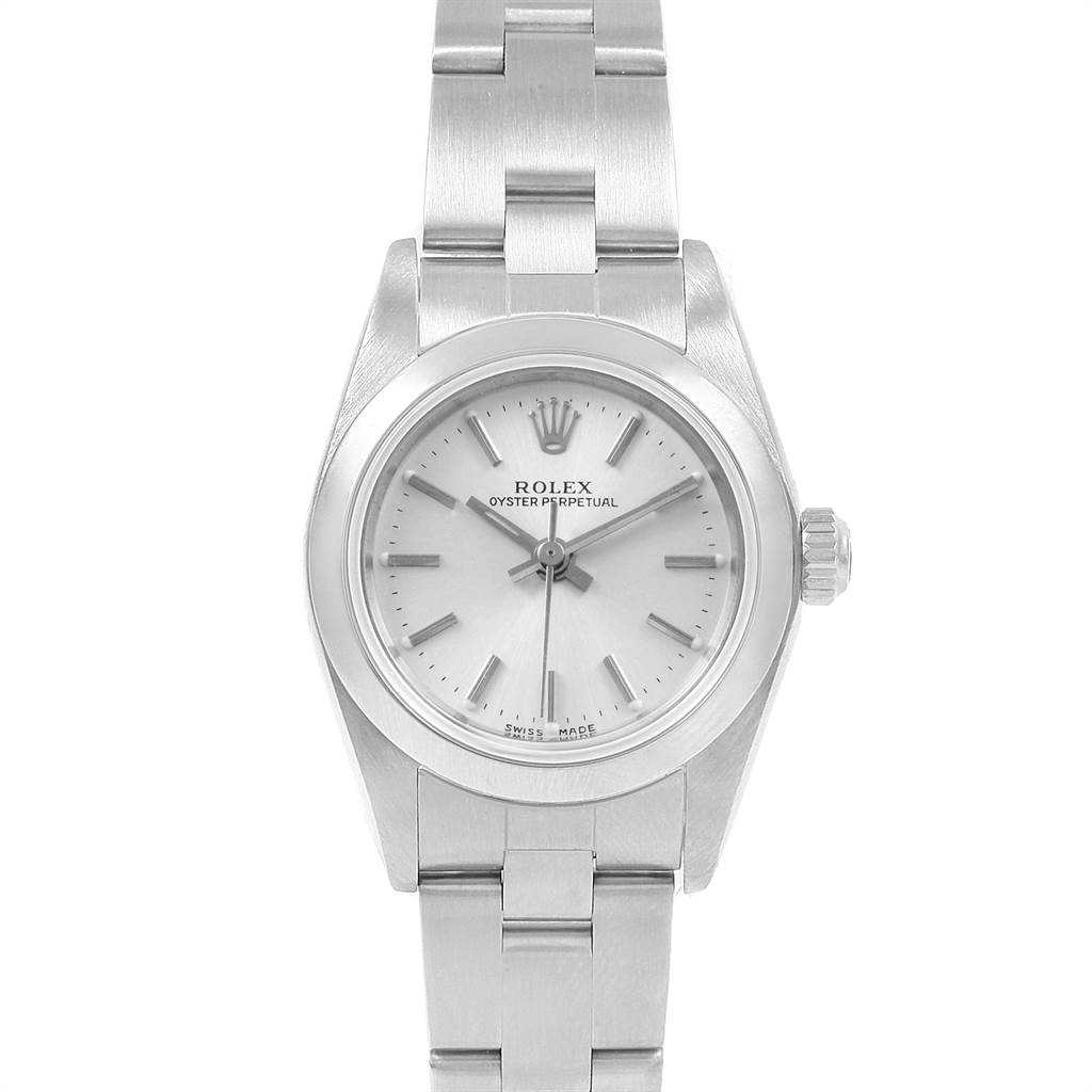This image shows a front view of the Rolex Oyster Perpetual 76080 Women's Stainless Steel Silver Dial 76080 Women's Stainless Steel Silver Dial watch, highlighting the dial, bracelet, and crown.