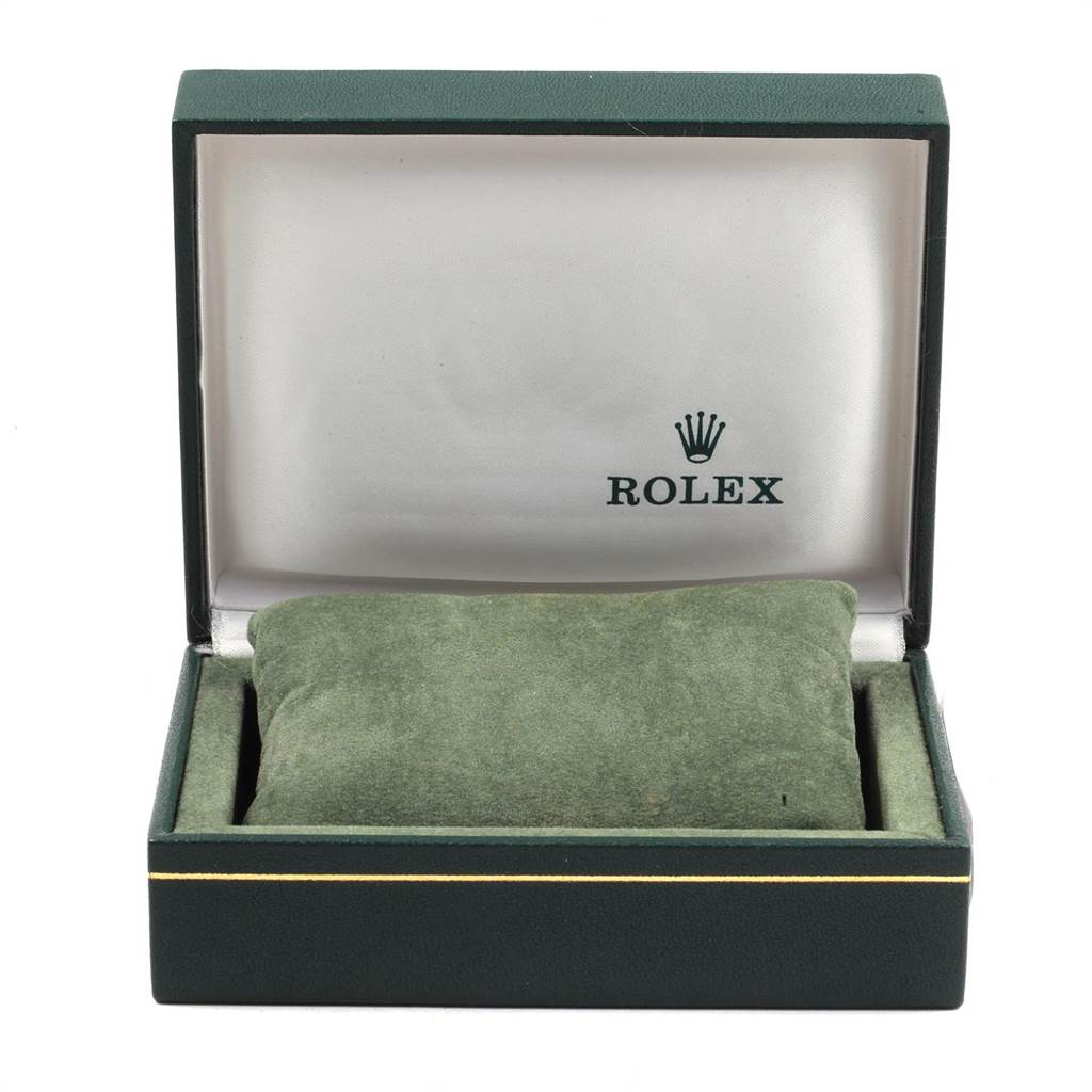 The image shows the open box of a Rolex Oyster Perpetual 76080 Women's Stainless Steel Silver Dial 76080 Women's Stainless Steel Silver Dial watch, featuring the brand logo on the inside of the lid.