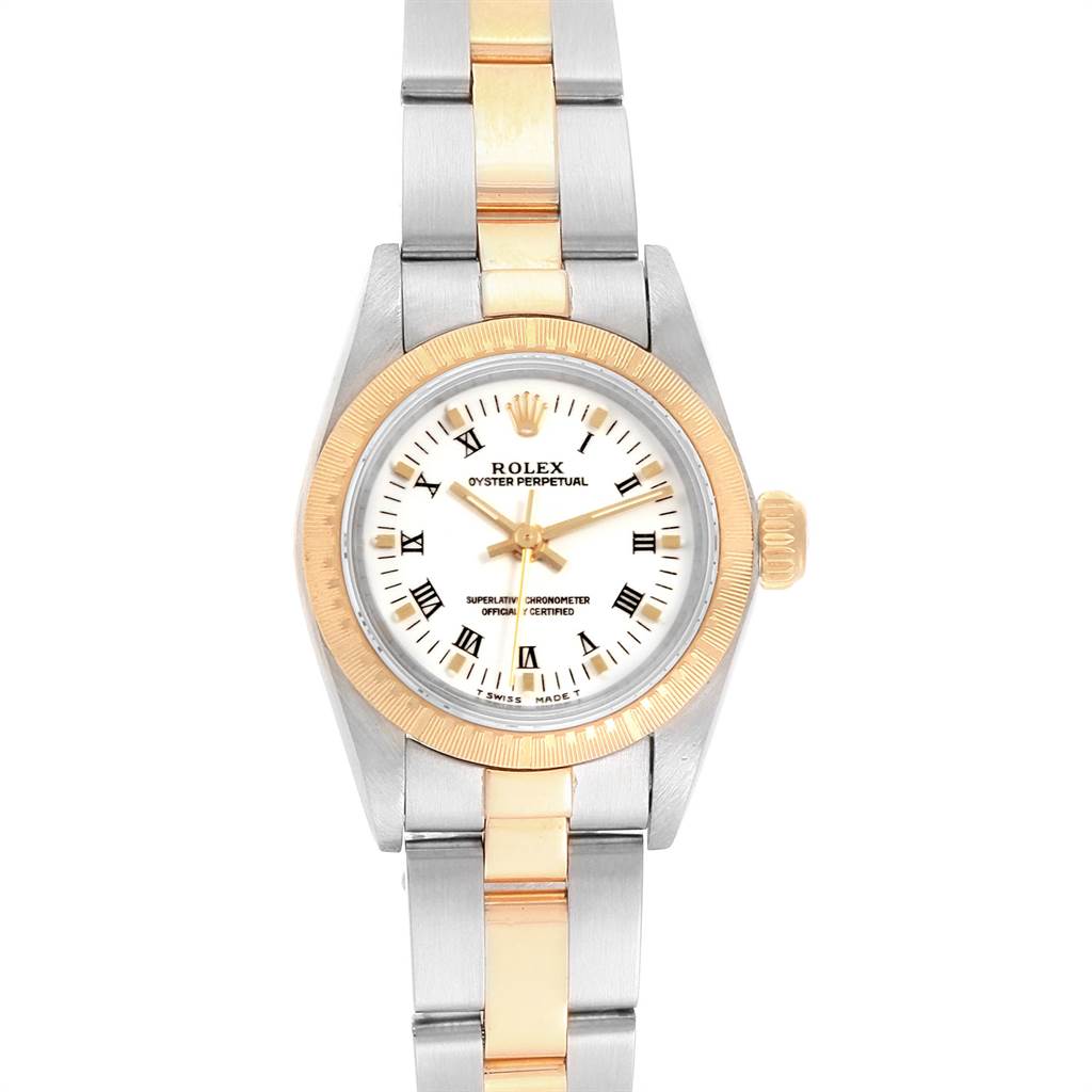This is a front view of a Rolex Oyster Perpetual 67243 Women
s Steel and Gold (two tone) White Dial 67243 Women
s Steel and Gold (two tone) White Dial watch, showcasing the dial, bezel, crown, and bracelet.