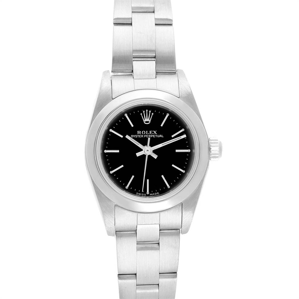 This image shows a front view of a Rolex Oyster Perpetual 76080 Women
s Stainless Steel Black Dial 76080 Women
s Stainless Steel Black Dial watch, highlighting the black dial, silver markers, and metal bracelet.