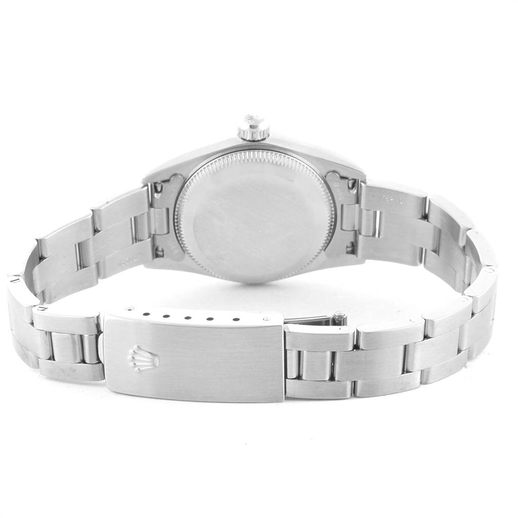 This image shows the back view of a Rolex Oyster Perpetual 76080 Women
s Stainless Steel Black Dial 76080 Women
s Stainless Steel Black Dial watch, highlighting the case back, bracelet, and clasp.