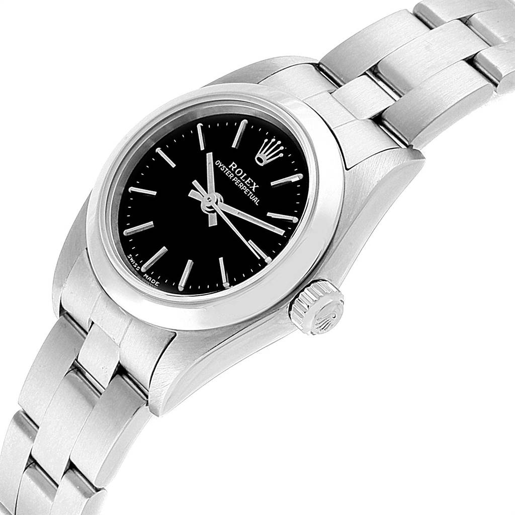 The Rolex Oyster Perpetual 76080 Women
s Stainless Steel Black Dial 76080 Women
s Stainless Steel Black Dial watch is shown at a slight angle displaying the black dial, crown, and stainless steel bracelet.