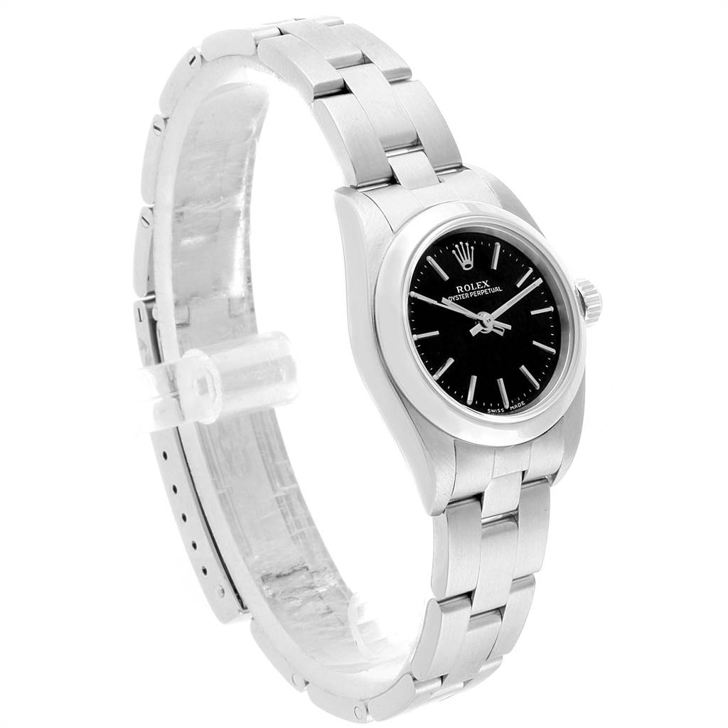 The image shows a side angle of a Rolex Oyster Perpetual 76080 Women
s Stainless Steel Black Dial 76080 Women
s Stainless Steel Black Dial watch, focusing on the bracelet, bezel, and dial.