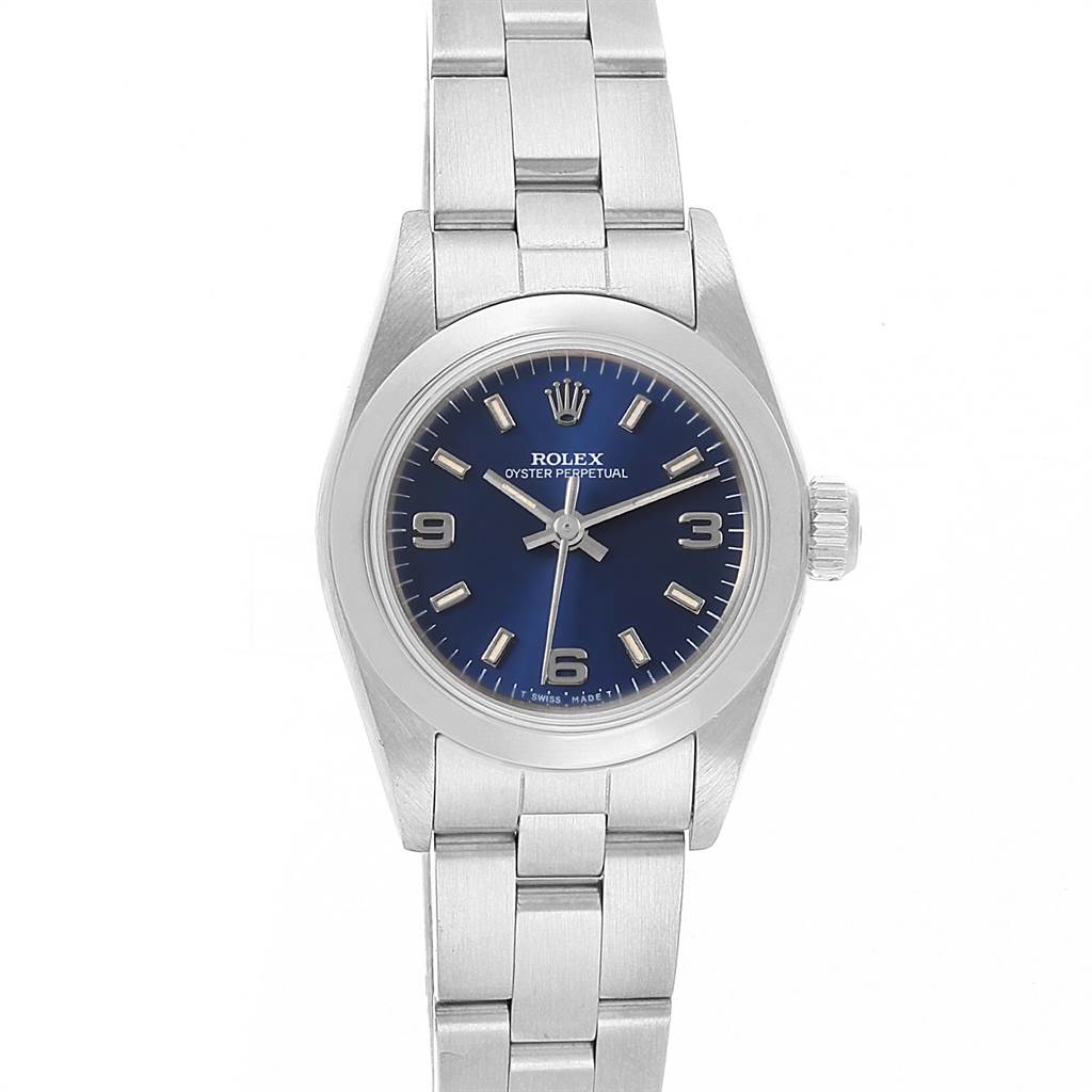 The image shows a front view of a Rolex Oyster Perpetual 67180 Women
s Stainless Steel Blue Dial 67180 Women
s Stainless Steel Blue Dial watch, displaying its blue dial, hour markers, and stainless steel bracelet.