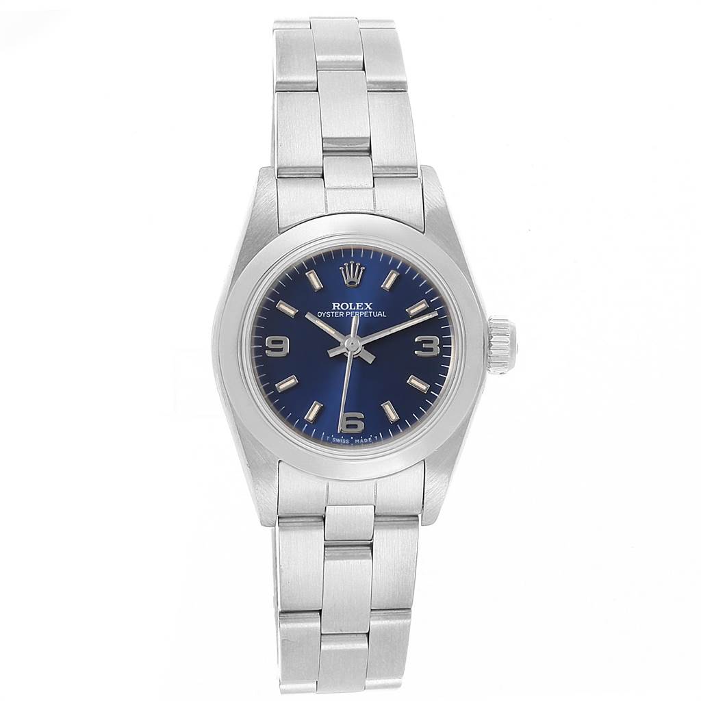 The image shows a front view of a Rolex Oyster Perpetual 67180 Women
s Stainless Steel Blue Dial 67180 Women
s Stainless Steel Blue Dial watch, displaying its dial, bezel, and bracelet.