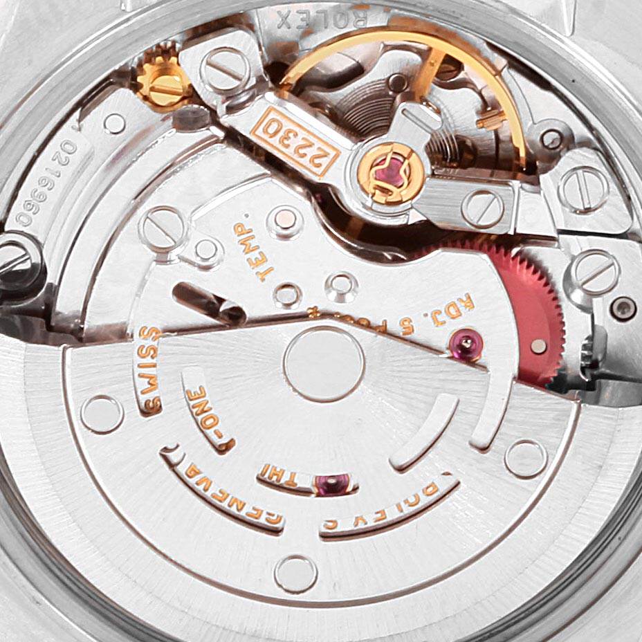 This is a close-up view of the internal movement components of the Rolex Oyster Perpetual 76193 Women
s Steel and Gold (two tone) Champagne Dial 76193 Women
s Steel and Gold (two tone) Champagne Dial watch model.