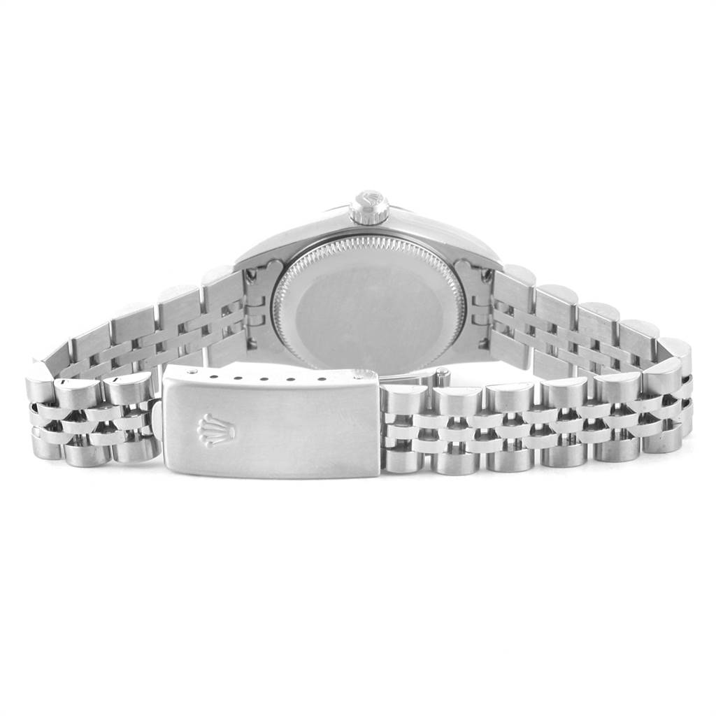 This is a rear view of the Rolex Oyster Perpetual 76094 Women's Stainless Steel Pink Dial 76094 Women's Stainless Steel Pink Dial watch showcasing its back case and metal bracelet with clasp.